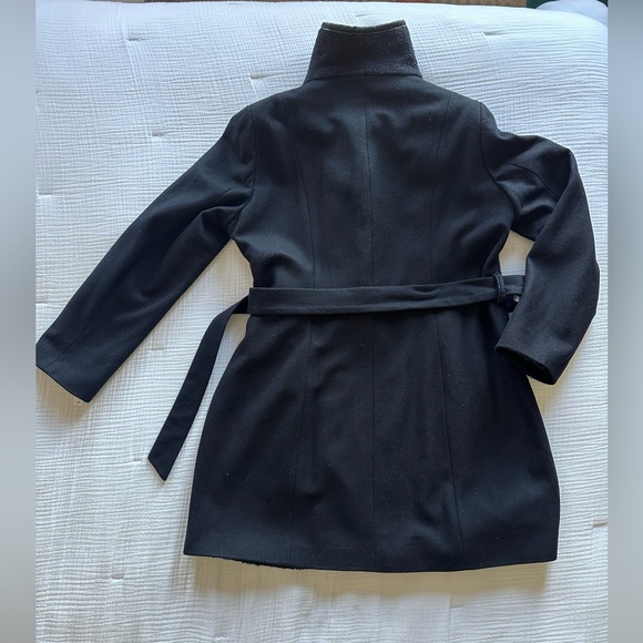 NWT Tahari Elaine Navy Blue Belted Wool Coat with Faux Leather Trim - Picture 6 of 11